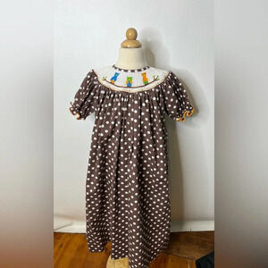 Sassy lil sprout girls brown owl smocked polka dot bishop dress sz 6